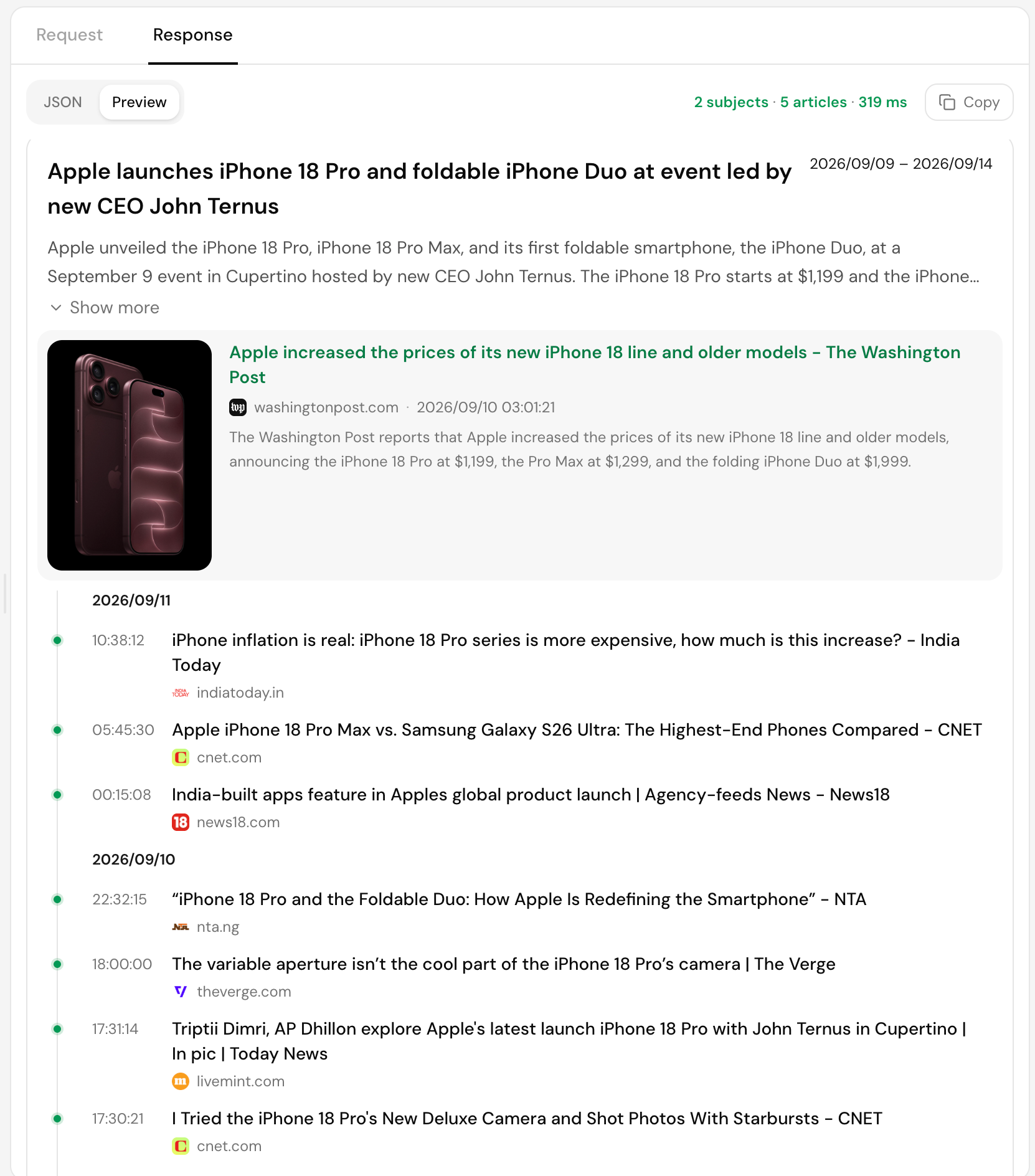 Octen News Search results for "apple": the core iPhone 18 launch event with its follow-up coverage laid out as a timeline